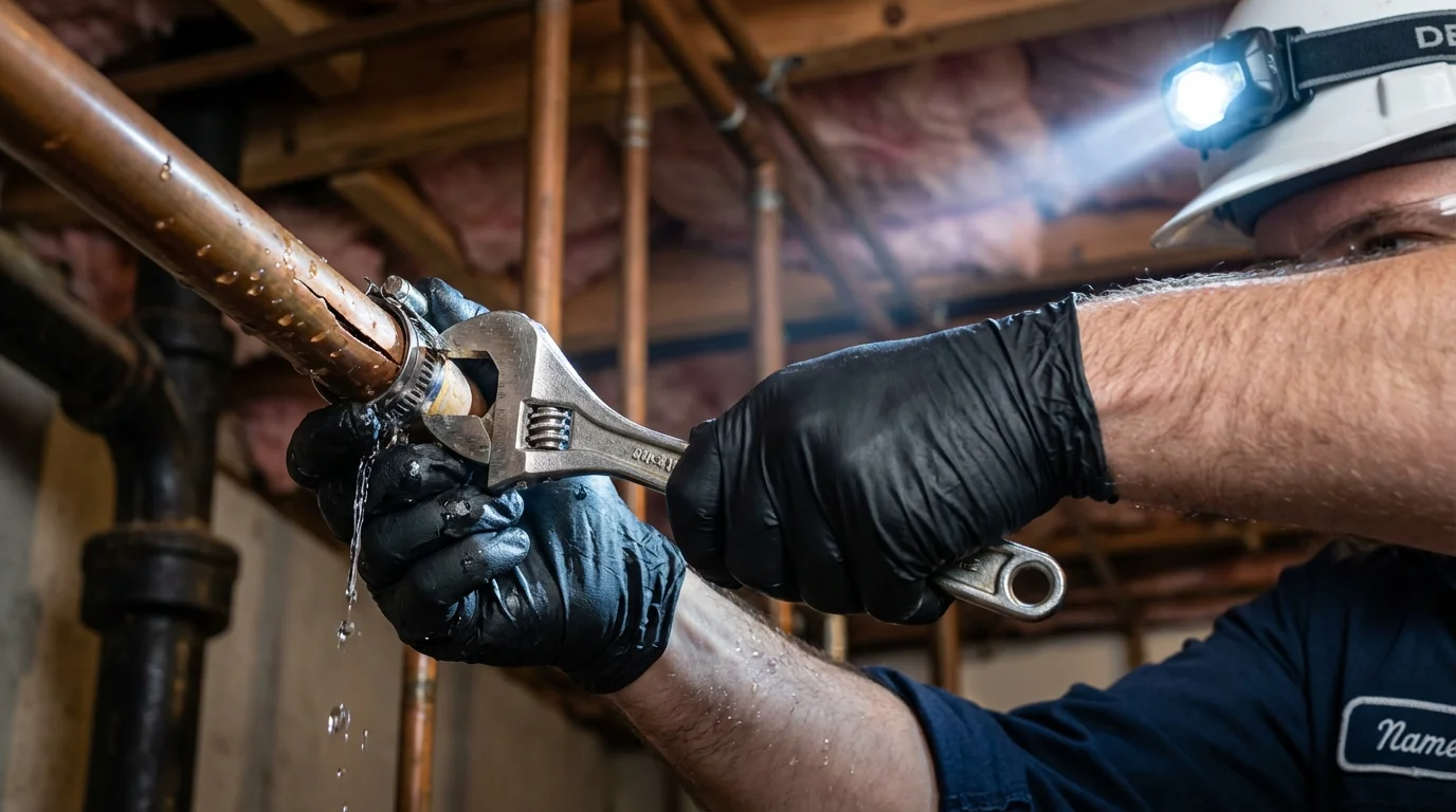 Emergency pipe clamp repair being performed by a Johns Plumbing LLC plumber in Scottsville