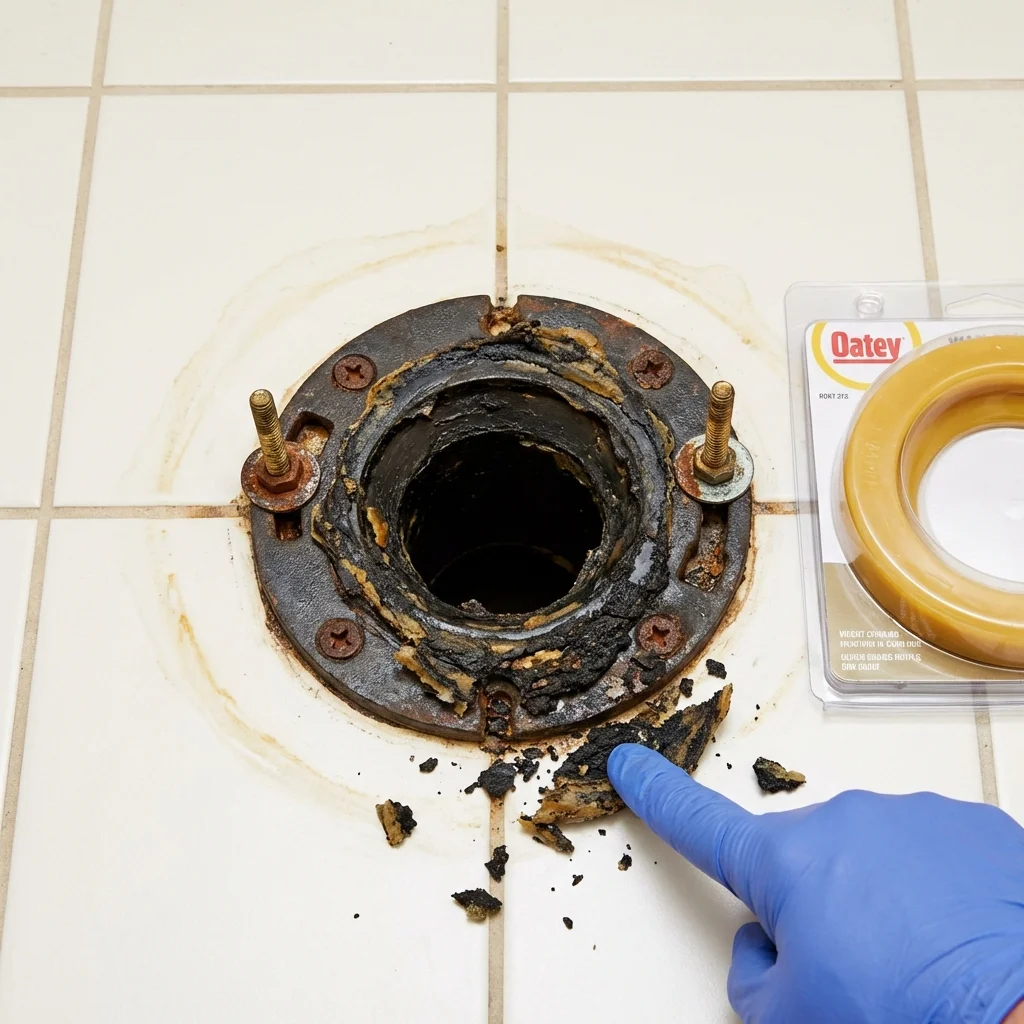 Failed wax ring showing water seepage at the base of a toilet in a Scottsville, NY home