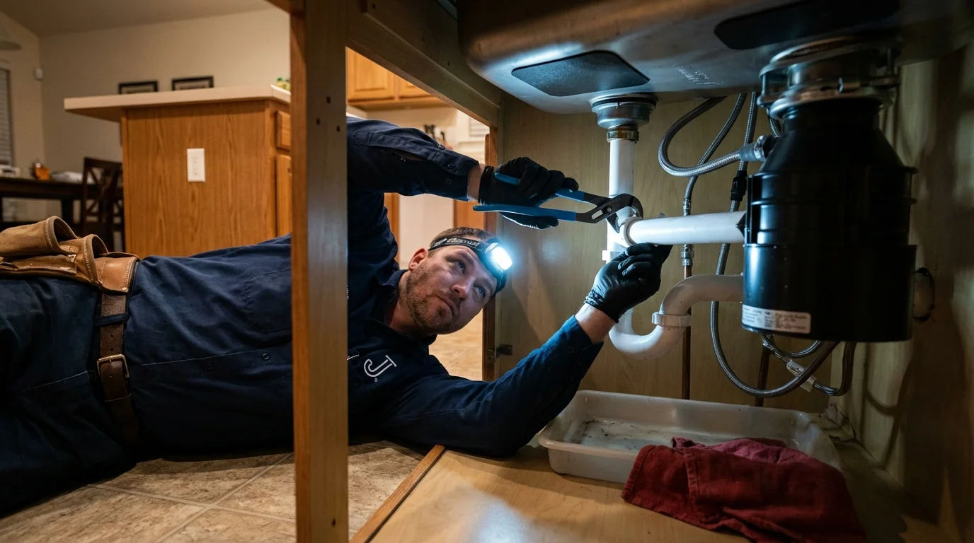 P-trap and supply line connections under a kitchen sink showing a common leak point in Scottsville, NY